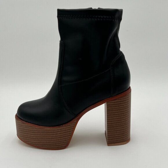 Black Platform Ankle Boots Round Toe Chunky High Heel Side Zipper Booties Ladies - Picture 1 of 5
